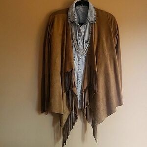 COLDWATER CREEK FAUX SUEDE Fringed cape/ sweater.